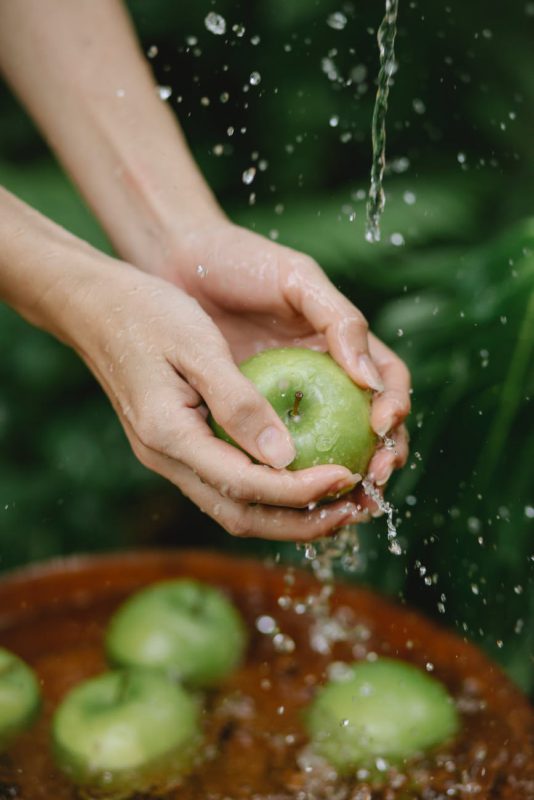 crop faceless woman washing green apples in garden